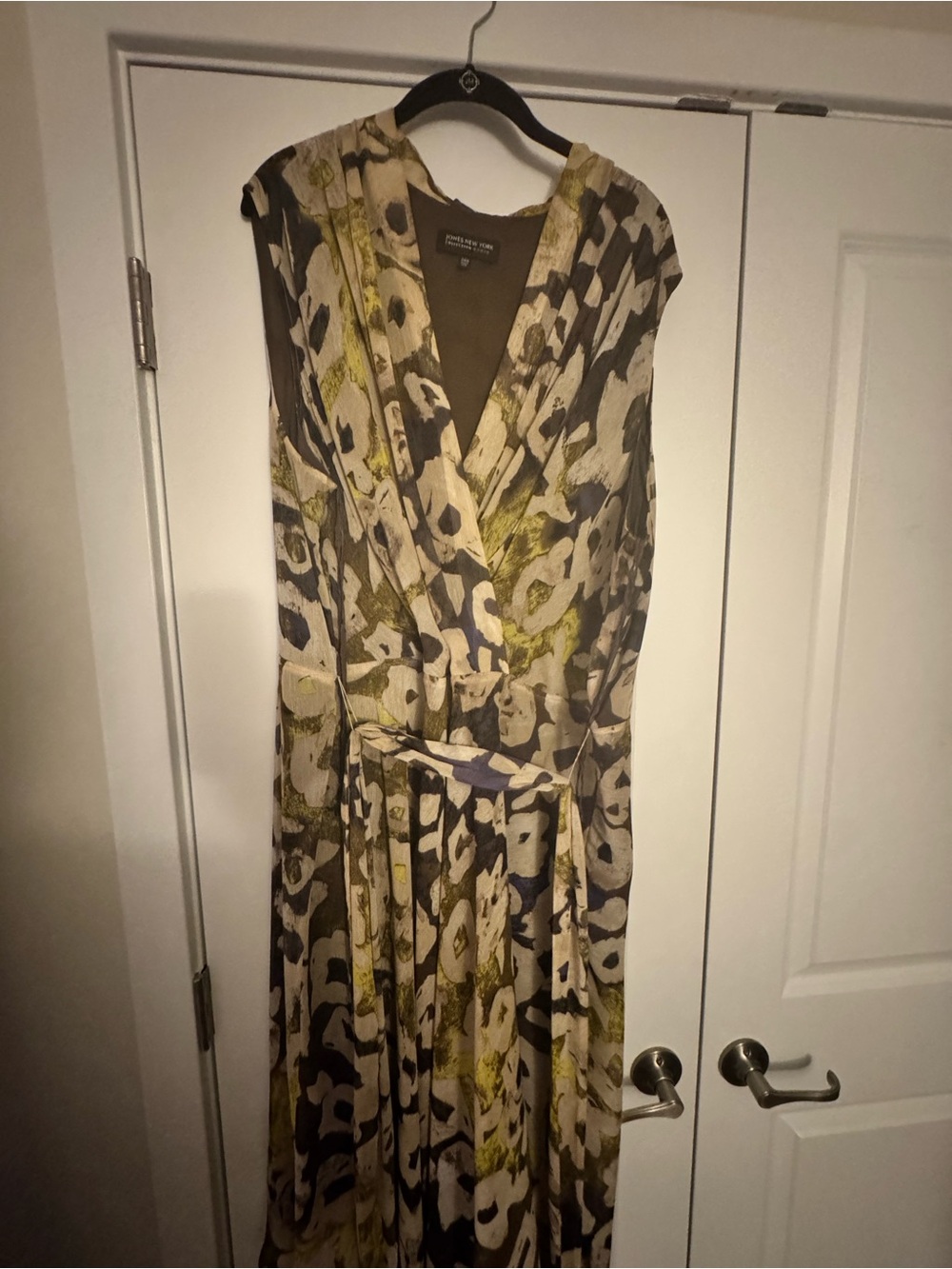 Jones New York One-Shoulder Wrap Dress in Olive, Cream, and Navy